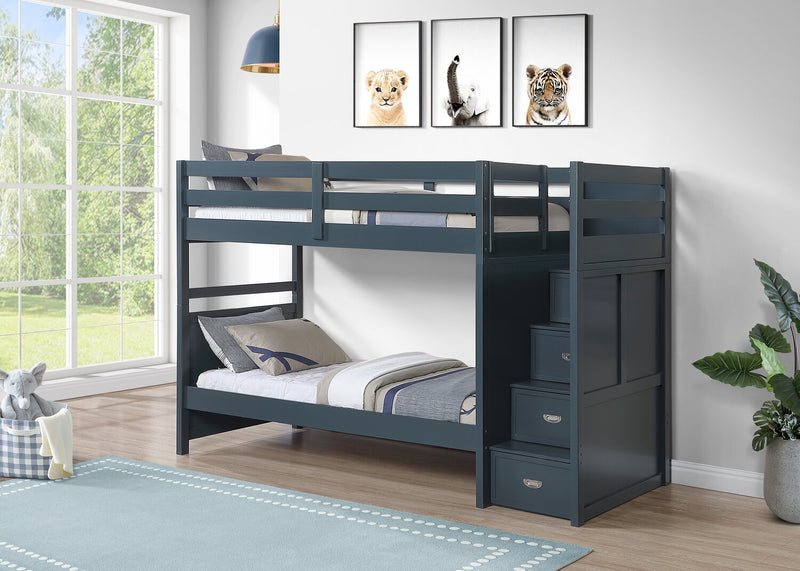 Quinn Bunk Bed with Built-in Staircase Dresser & Guard Rail for Kids, Blue - Twin/Twin