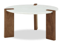 Merlin 33” Round Solid Wood and Marble Coffee Table - White and Brown 