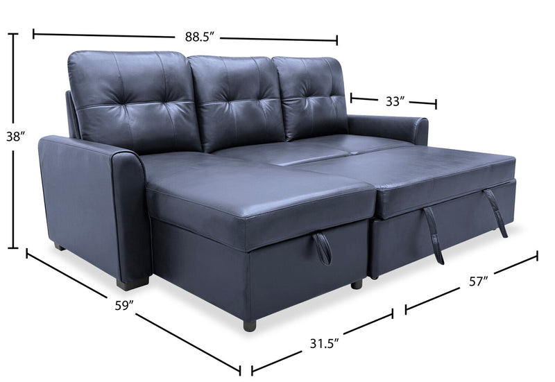 Carter 2-Piece Left-Facing Leather-Look Fabric Sleeper Sectional with Storage Chaise - Black