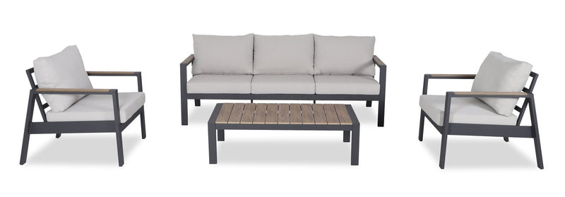 Tuscany  4-Piece Outdoor Patio Set with Sofa, 2 Chairs & Coffee Table - Metal, UV & Weather Resistant - Beige/Black