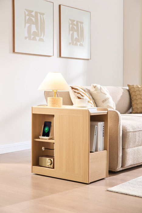 Liam 23.5\" Accent Table with Sintered Stone Top and Drawer– Harvest Oak 