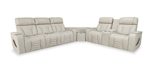 Zen 3-Piece Apricot Faux Leather Power Reclining Massage Sectional with Refrigerator and Drop-Down Console