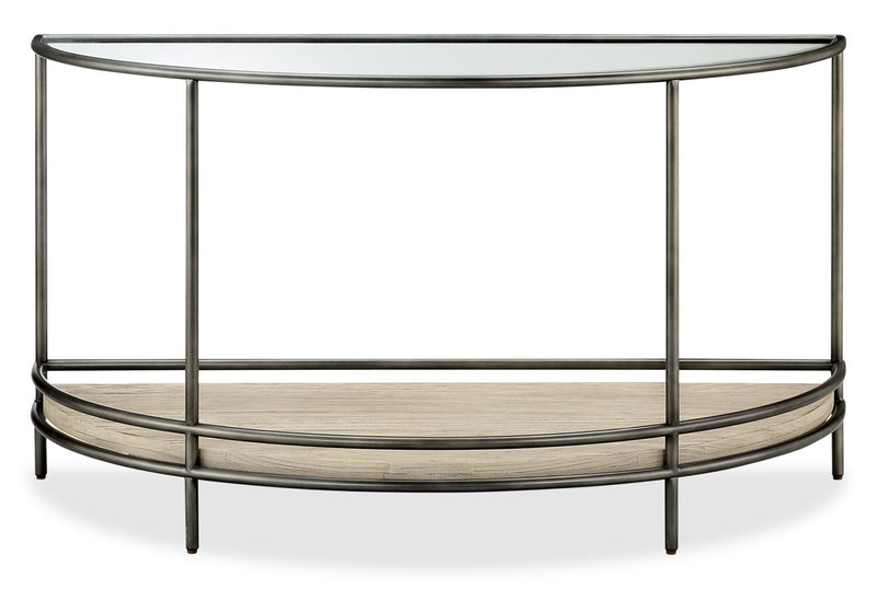 Saxon 50\" Modern Demilune Sofa Table with Shelf - Natural and Vintage Nickel