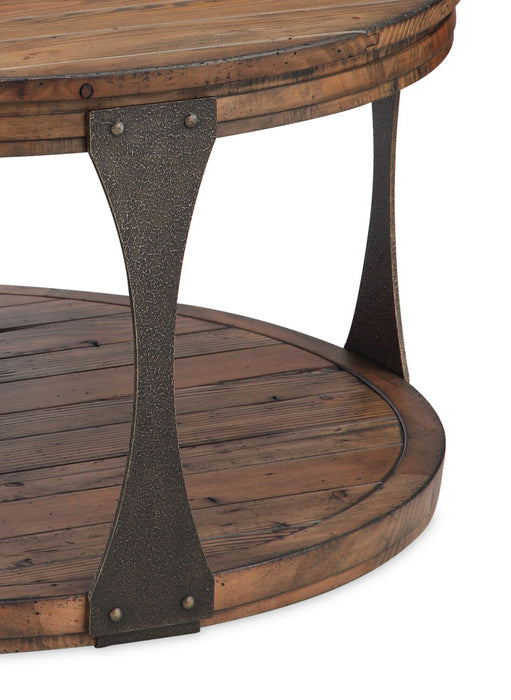 Albany 36” Industrial Round Pine Coffee Table with Shelf and Casters - Bourbon