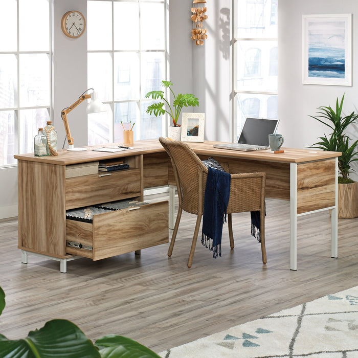 Harrison 65.35\" L-shaped Desk with Two Drawers – Kiln Acacia 