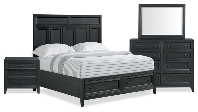 Casa 6pc Bedroom Set with Bed, Dresser, Mirror & Nightstand, Black - Queen Size