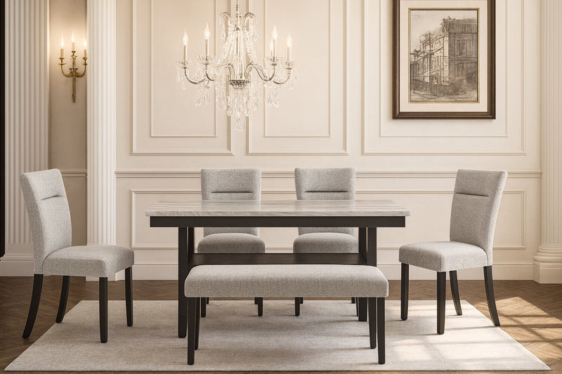 Libra 6pc Dining Set with Table, Bench & 4 Chairs, Marble-Look Top, 60\"W - Black/Grey