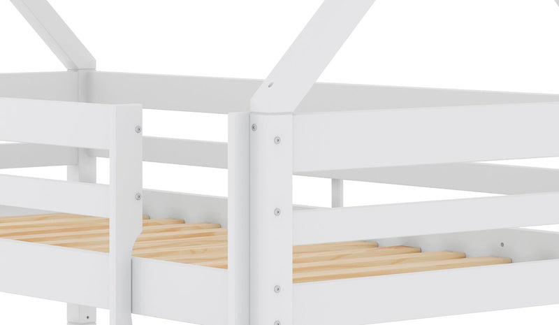 Gemma Twin Over Twin House Bunk Bed with Roof, Built-in Ladder & Guardrails for Kids - White