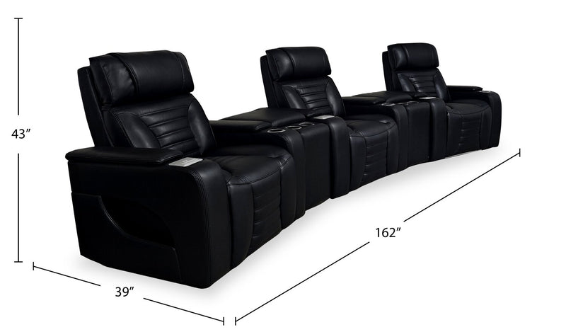 Zen 5-Piece Faux Leather Home Theatre Power Reclining Sectional with Massage and Two Storage Consoles - Black