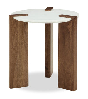 Merlin 22” Round Solid Wood and Marble End Table - White and Brown