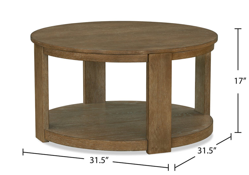 Declan 31.5\" Modern Round Coffee Table with Casters – Natural Wood 