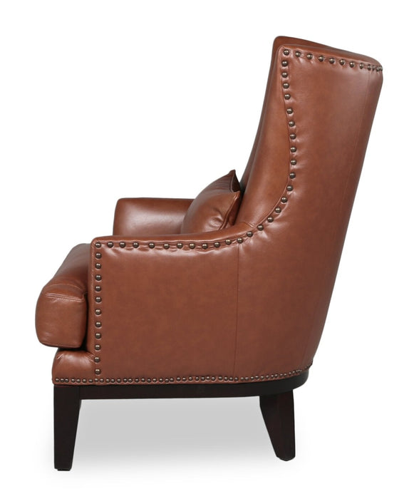 Haden 30\" Genuine Leather Accent Chair with Wood Base and Nailhead Trim - Sidekick Cobblestone Brown
