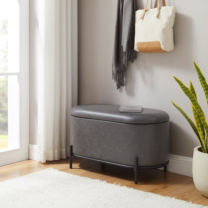 Victoria 18” Faux Leather Storage Ottoman with Metal Base – Charcoal