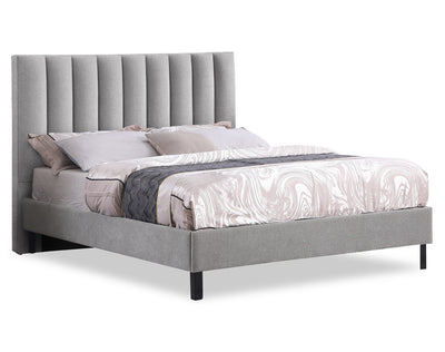 Amos Upholstered Platform Bed in Grey Fabric with Channelled Headboard - King Size | Lit plateforme Amos rembourré en tissu gris avec tête de lit à canaux - format très grand lit