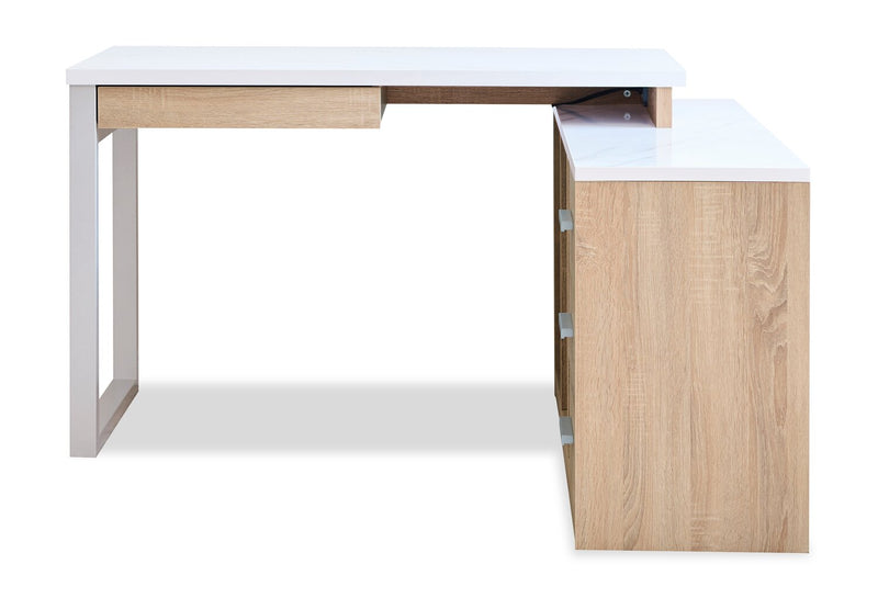 Owen 55\" Reversible Corner Office Desk with 4-Drawers & Cubbies – Faux White Marble and Weathered White