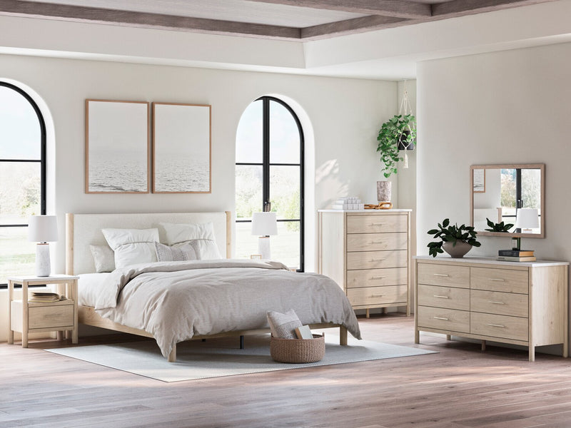 Jolie 5pc Bedroom Set with Bed, Dresser & Mirror, Boucle Fabric, Natural - King Size