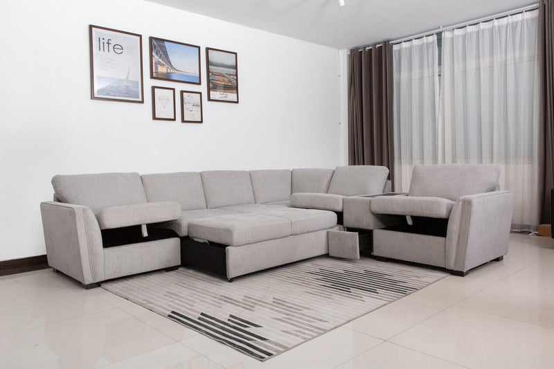 Vault 6-Piece Sectional with Sofa Bed Loveseat and Three Storage Chairs - Grey