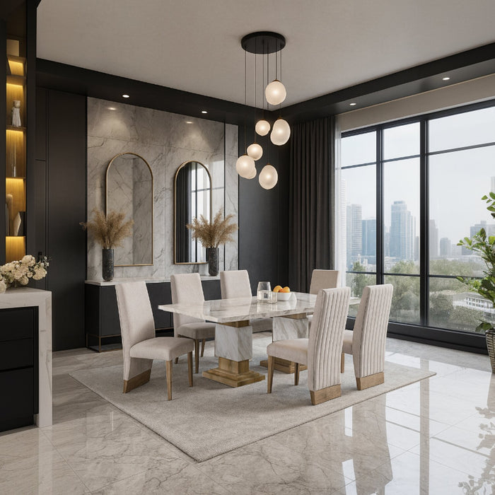 Vega Dining Chair with Polyester Fabric, Wood, Channeled Tufting - Natural