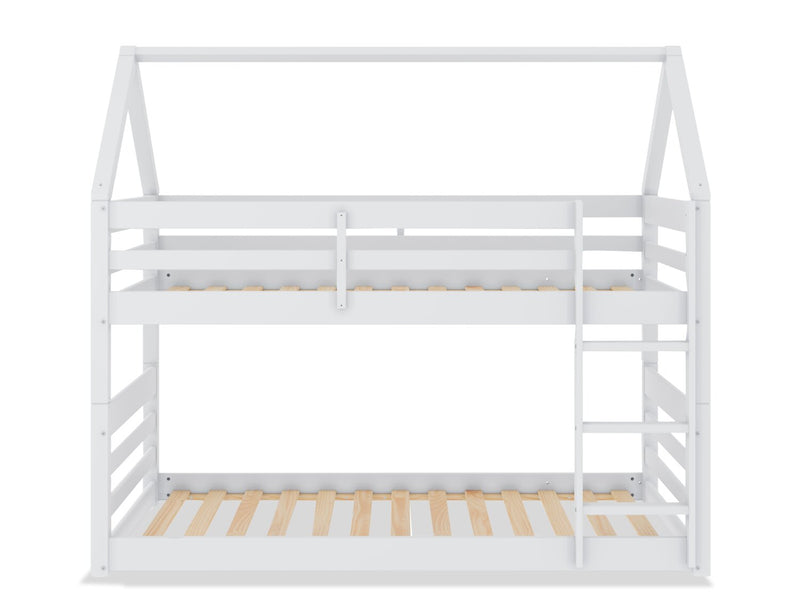 Gemma Twin Over Twin House Bunk Bed with Roof, Built-in Ladder & Guardrails for Kids - White