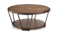 Cheney 40” Industrial Solid Wood Round Coffee Table with Shelf and Casters - Bourbon 