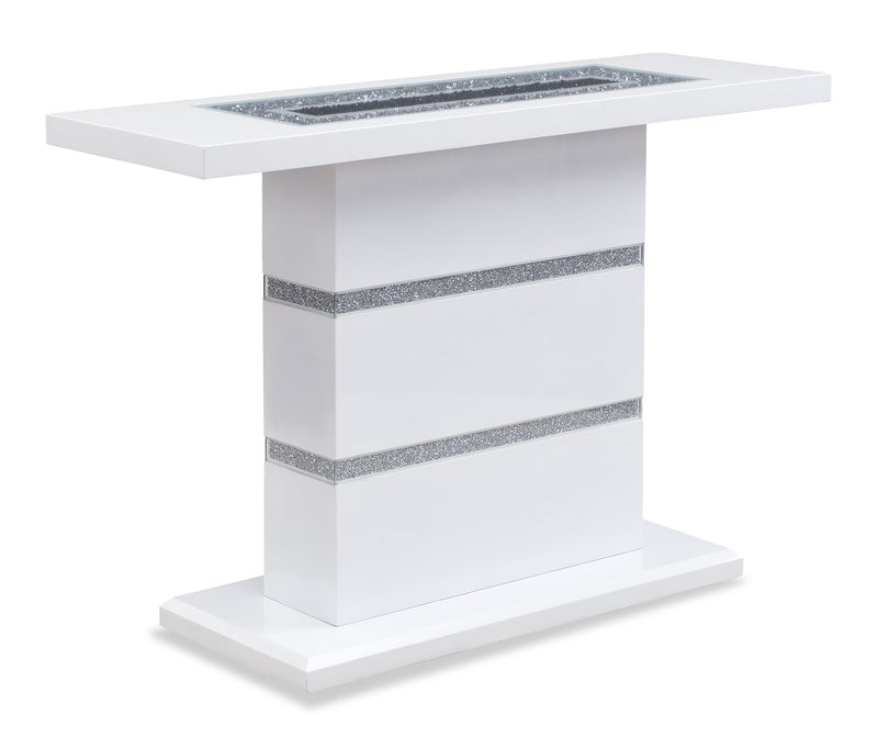 Garbo 47.25\" Glam Sofa Table – White and Silver with Glitter Accents
