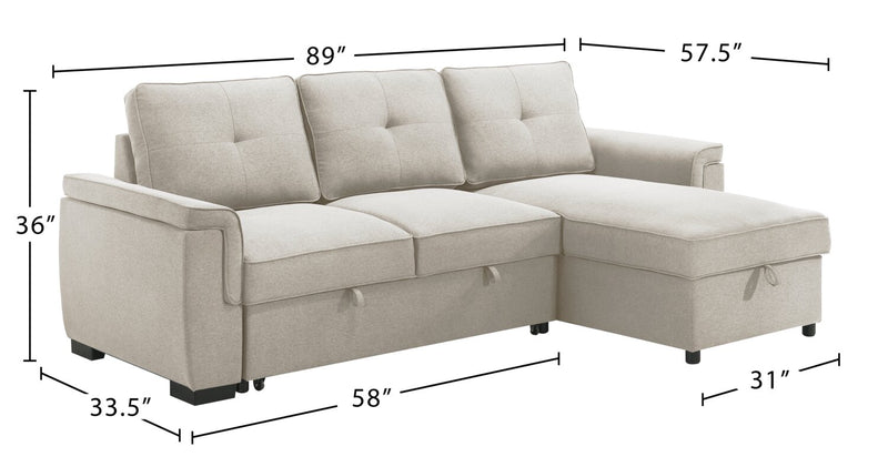 Eden 2-Piece Reversible Fabric Sleeper Sectional with Storage Chaise and Removable Back Cushions - Taupe