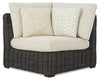 ["Halifax Outdoor Patio Corner Chair - Resin Wicker, Nuvella Fabric, UV & Weather Resistant - Beige/Brown"]