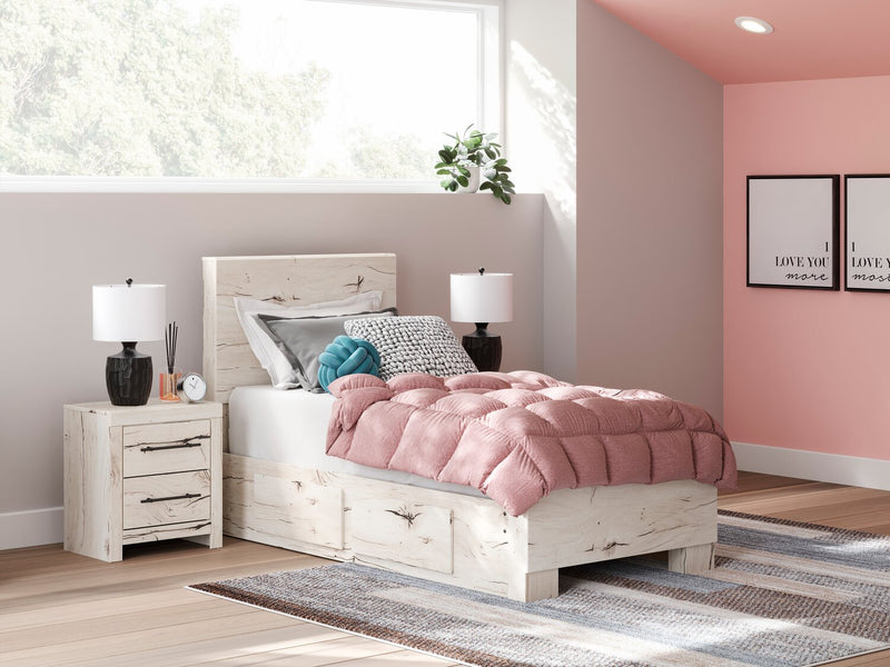 Derekson 6pc Bedroom Set with Side Storage Bed, Dresser, Mirror & Nightstand, Rustic White - Twin Size