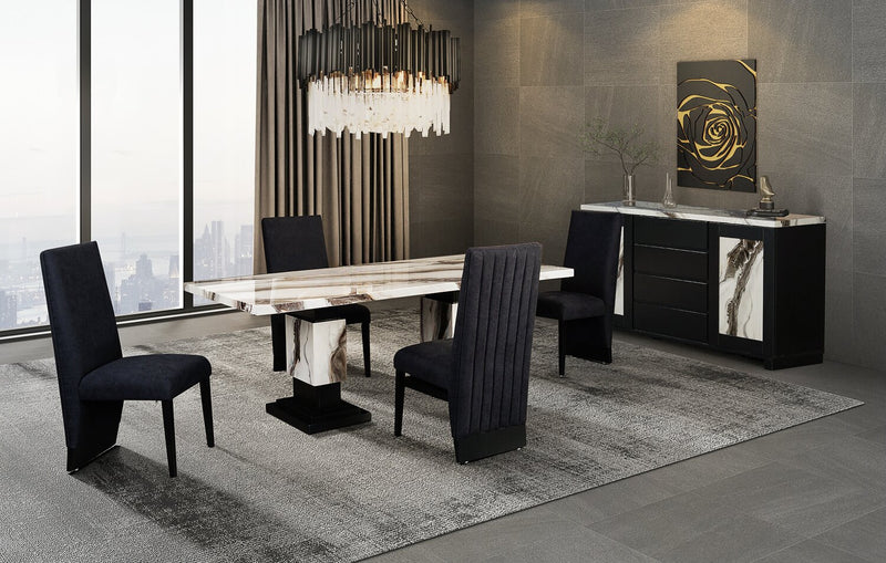 Vega 5pc Dining Set with Table & 4 Chairs, Marble Look, Pedestal Base, 82\"W - Black & White