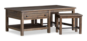 Edwin 52” Country Pine Coffee Table with Storage and Stools - Homestead Brown