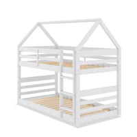 Gemma Twin Over Twin House Bunk Bed with Roof, Built-in Ladder & Guardrails for Kids - White