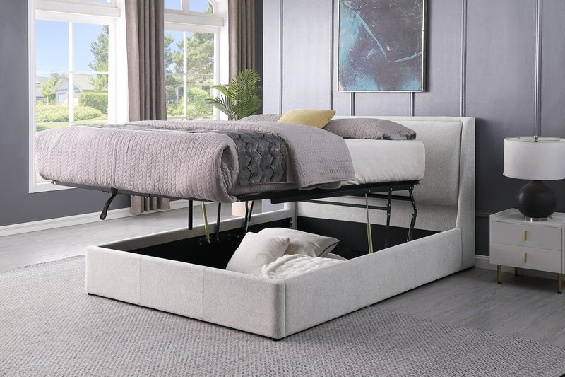 Nico Upholstered Storage Platform Bed in Polyester Taupe Fabric, Hyrdraulic Lift  - Queen Size