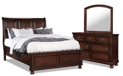 Chelsea 5pc Bedroom Set with Storage Bed, Dresser & Mirror, Cherry Brown - King Size | Ensemble de chambre à coucher Chelsea 5 pièces avec lit de rangement, commode et miroir, brun cerisier - format très grand lit