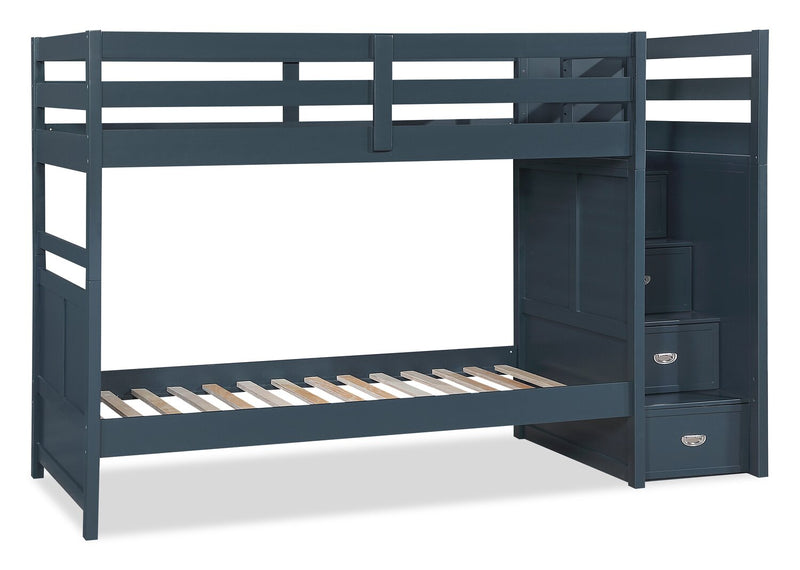 Quinn Bunk Bed with Built-in Staircase Dresser & Guard Rail for Kids, Blue - Twin/Twin