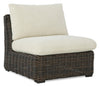["Halifax Outdoor Patio Armless Chair - Resin Wicker, Nuvella Fabric, UV & Weather Resistant - Beige/Brown"]