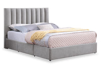 Amos Upholstered Storage Bed in Grey Fabric with Channelled Headboard & 3 Built-in Drawers - King Size 