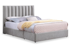 Amos Upholstered Storage Bed in Grey Fabric with Channelled Headboard & 3 Built-in Drawers - King Size