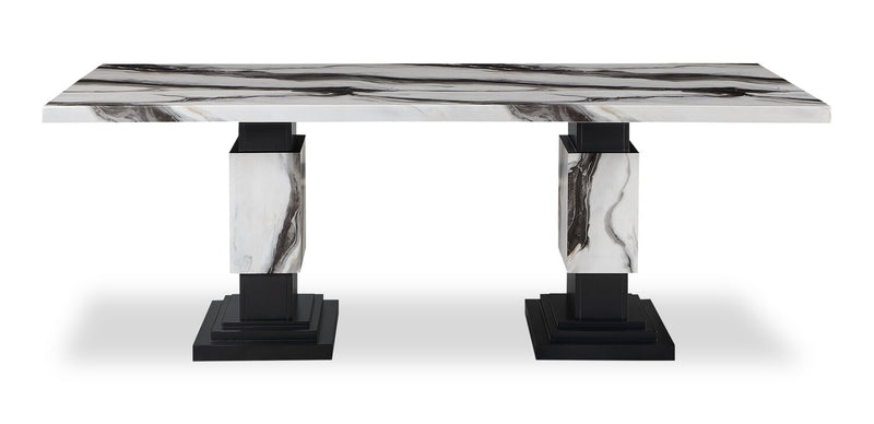 Vega 5pc Dining Set with Table & 4 Chairs, Marble Look, Pedestal Base, 82\"W - Black & White