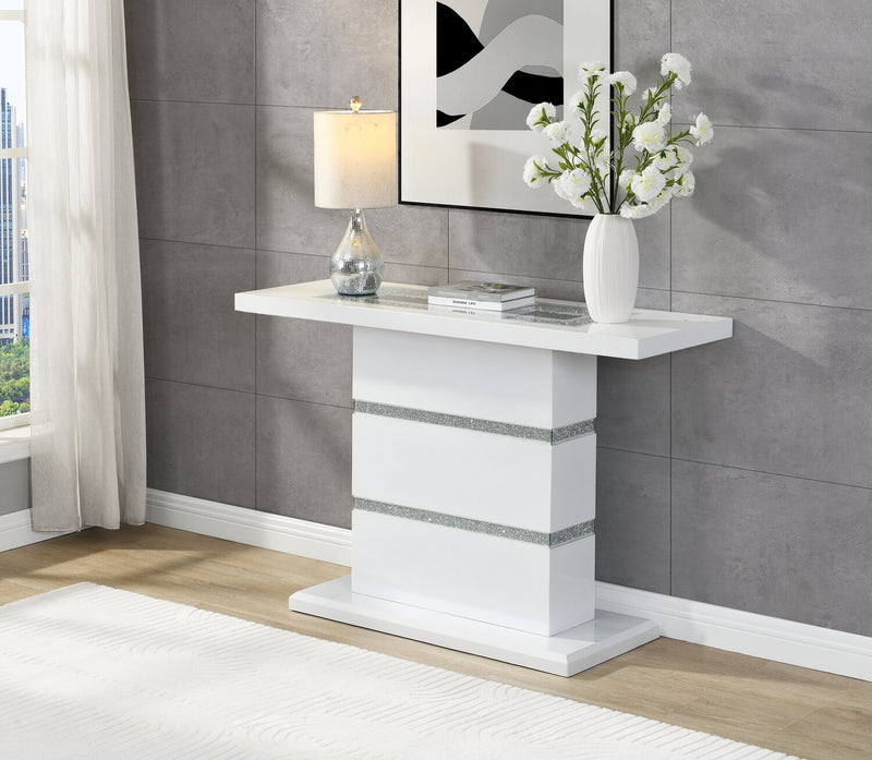 Garbo 47.25\" Glam Sofa Table – White and Silver with Glitter Accents