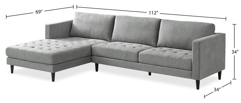 Metro 2-Piece Left-Facing Fabric Sectional with Chaise and Tufted Seat Cushions - Grey