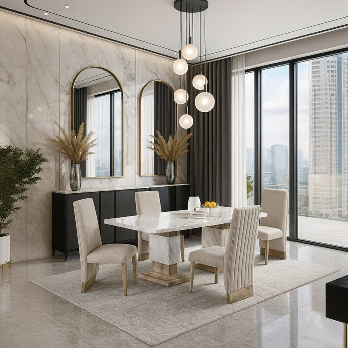 Vega Dining Table, Marble Look, Pedestal Base, 82\"W - Natural & White