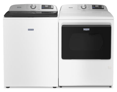 Maytag 6.0 Cu. Ft. Smart Top-Load Washer and 7.4 Cu. Ft. Gas Dryer – White  | Laveuse intelligente à chargement par le haut de 6,0 pi3 et sécheuse à gaz de 7,4 pi3 de Maytag - blanches