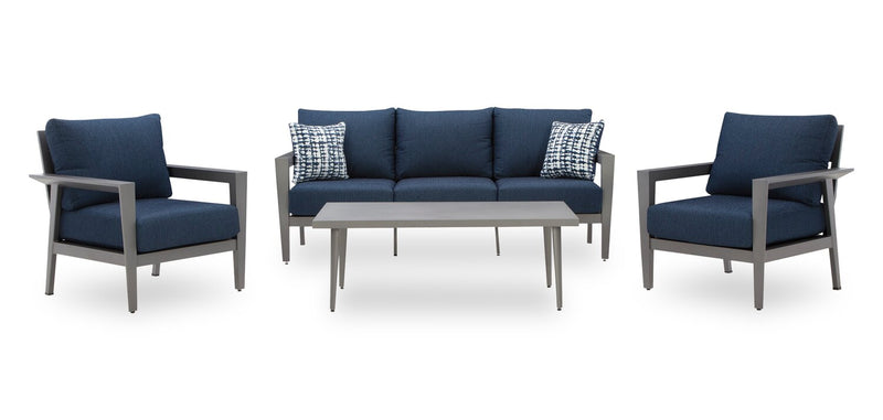 Barrie 4-Piece Outdoor Patio Set with Sofa, 2 Chairs and Table - Aluminum, UV & Weather Resistant  - Blue & Grey