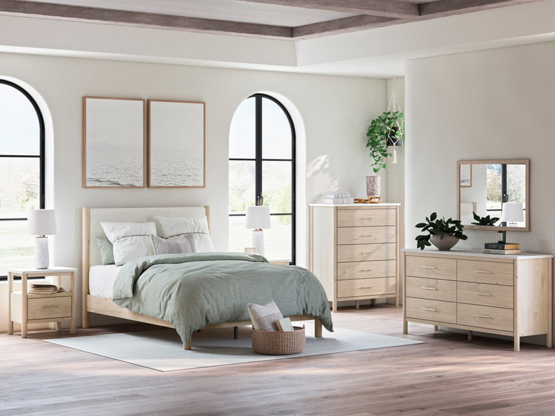 Jolie 5pc Bedroom Set with Bed, Dresser & Mirror, Boucle Fabric, Natural - Full Size