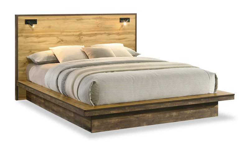 Silas 6pc Bedroom Set with Platform Bed, Dresser, Mirror & Nightstand, LED, Rustic Brown - Queen Size