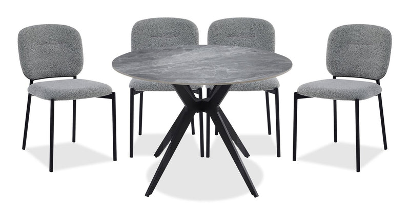 Luka 5pc Dining Set with Table & 4 Chairs, Sintered Stone Top, Metal, 43.5\"W Round - Grey