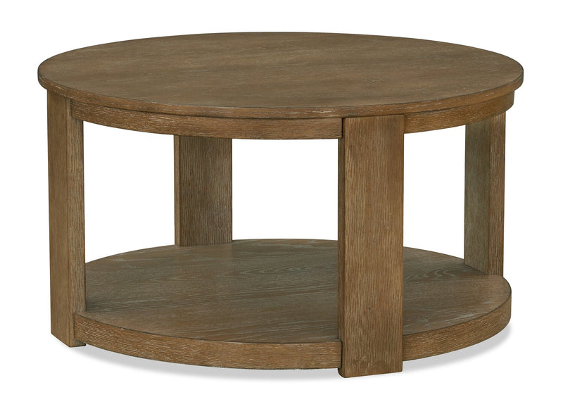 Declan 31.5\" Modern Round Coffee Table with Casters – Natural Wood 