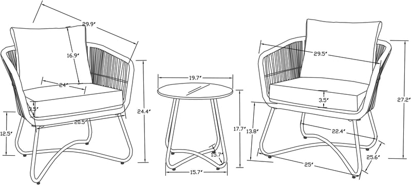 Sicily 3-Piece Outdoor Patio Conversation Set with 2 Chairs & Round Metal End Table - Resin Wicker, UV & Weather Resistant - Grey/Natural/Black