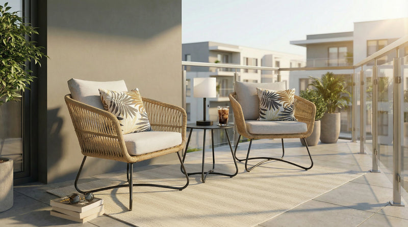 Sicily 3-Piece Outdoor Patio Conversation Set with 2 Chairs & Round Metal End Table - Resin Wicker, UV & Weather Resistant - Grey/Natural/Black