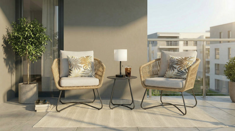 Sicily 3-Piece Outdoor Patio Conversation Set with 2 Chairs & Round Metal End Table - Resin Wicker, UV & Weather Resistant - Grey/Natural/Black